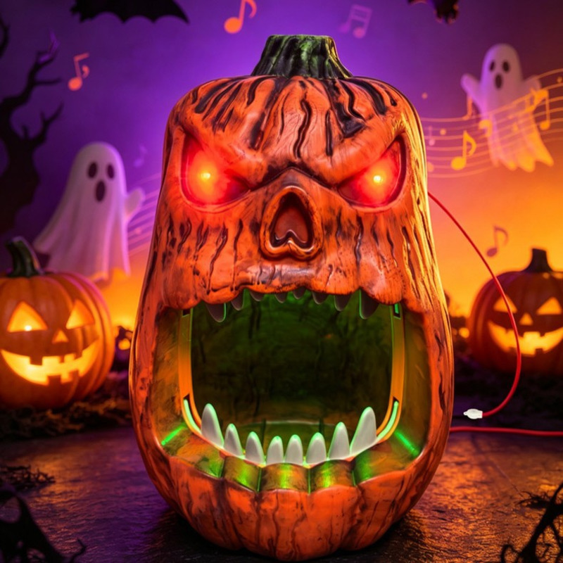 Pumpkin Lantern Halloween - Halloween LED-Beleuchteter Kürbis-Bonbonbehälter, sprachgesteuerte Totenkopf-Laterne, Dekoration