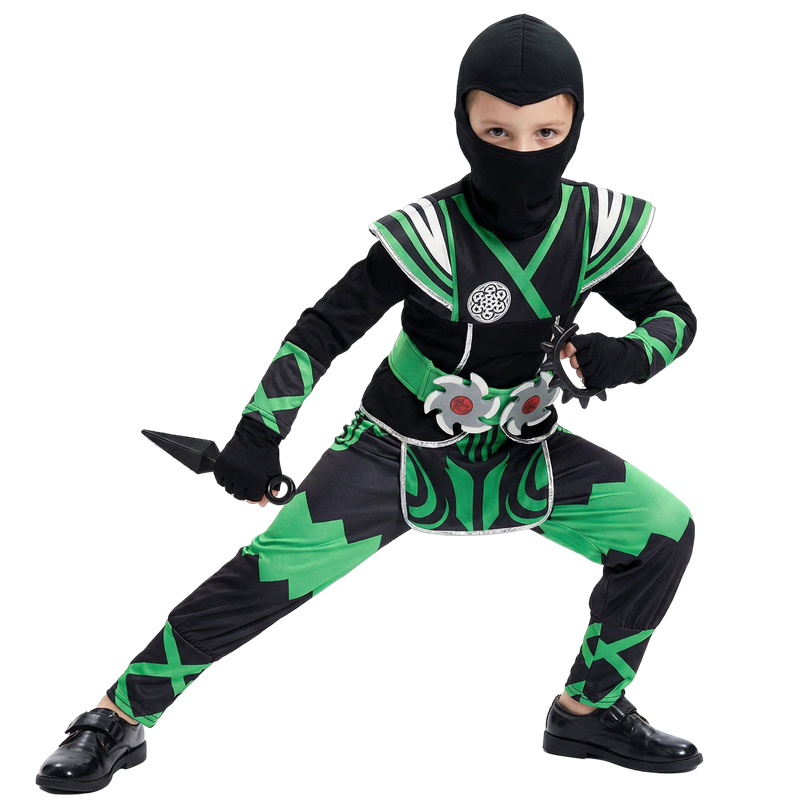 Halloween Costume Kids - Japanisches Ninja-Kostüm-Set für Kinder, grünes Samurai-Kostüm