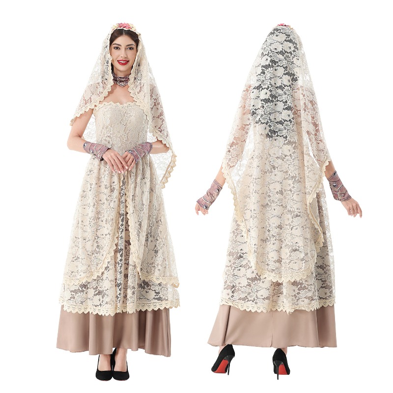Halloween Costume Adult - Vintage-Spitzen-Maxikleid für Damen mit Spitzenhaube, trägerloses,