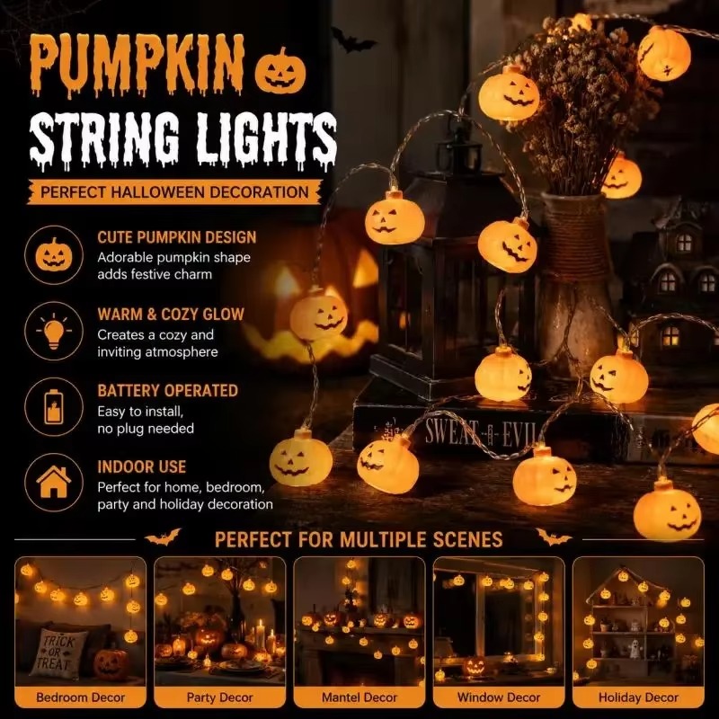 Halloween Pumpkin Decor Led - Halloween-Kürbis-LED-Lichterkette Batteriebetrieben Geeignet für Innenräume Partys