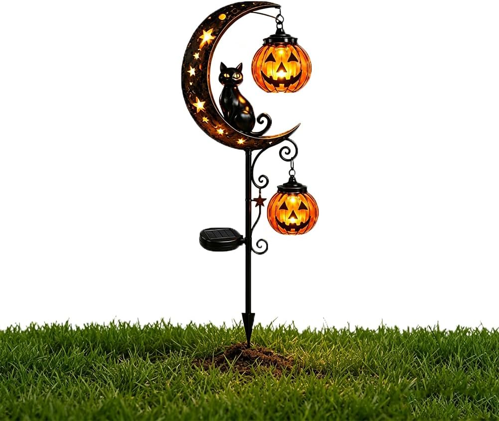 Pumpkin Lantern Halloween - Solar-Halloween-Gartenleuchte mit Schwarzer Katze, Kürbis und