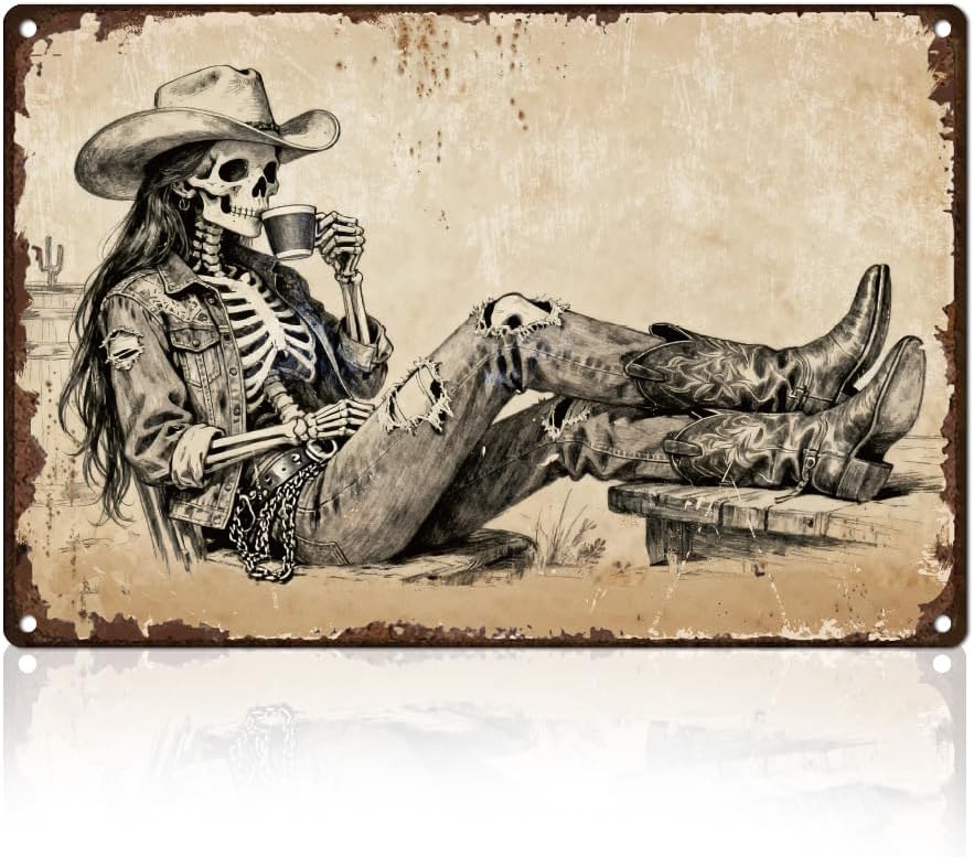 Halloween Skeleton Decoration - Skelett-Cowgirl-Blechschild, Retro-Metall-Wanddekoration, 8 x 12, Vintage-Halloween-Gothic-Skelett,